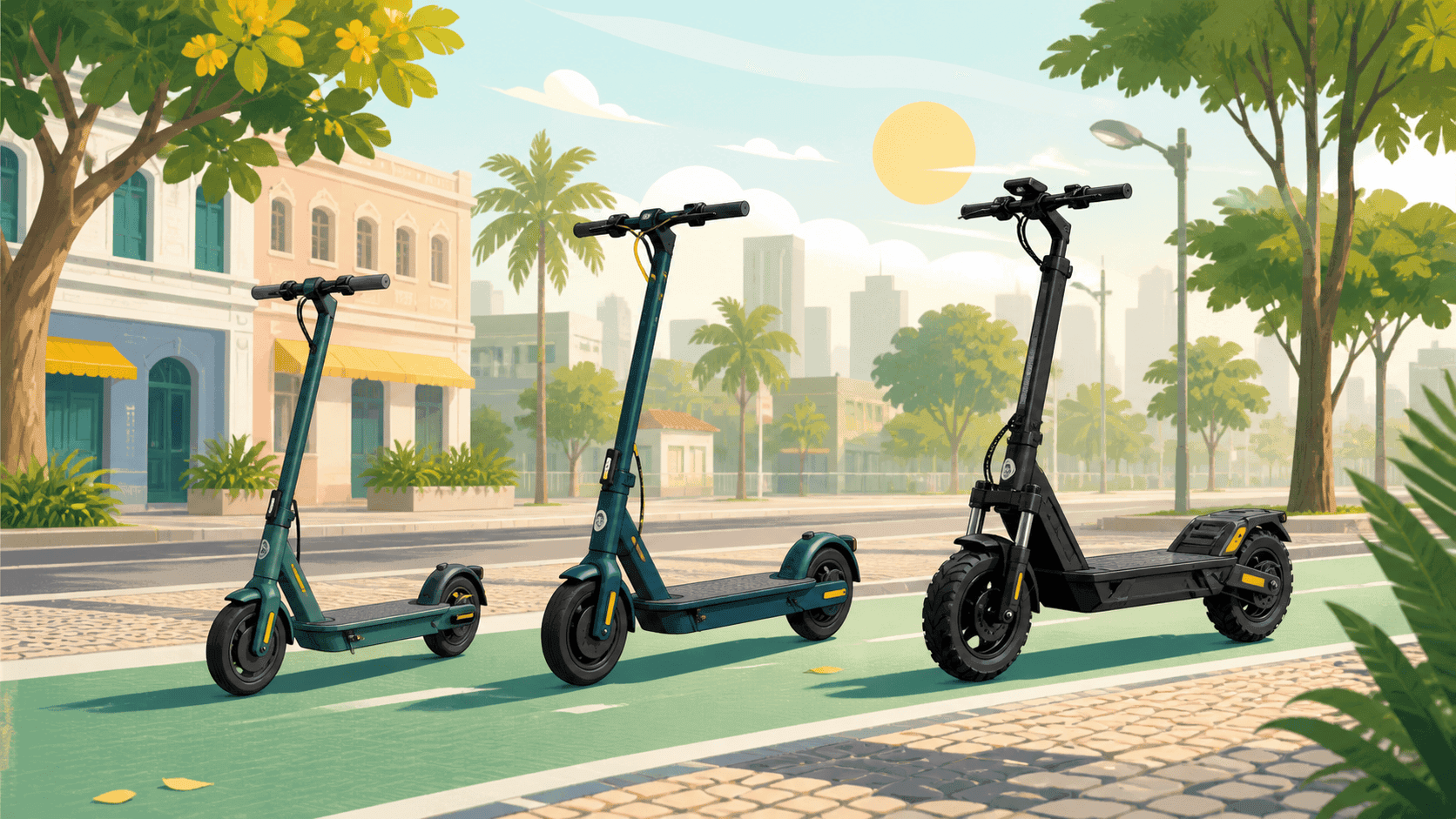 Três estilos de patinete elétrico em uma ciclovia urbana clara