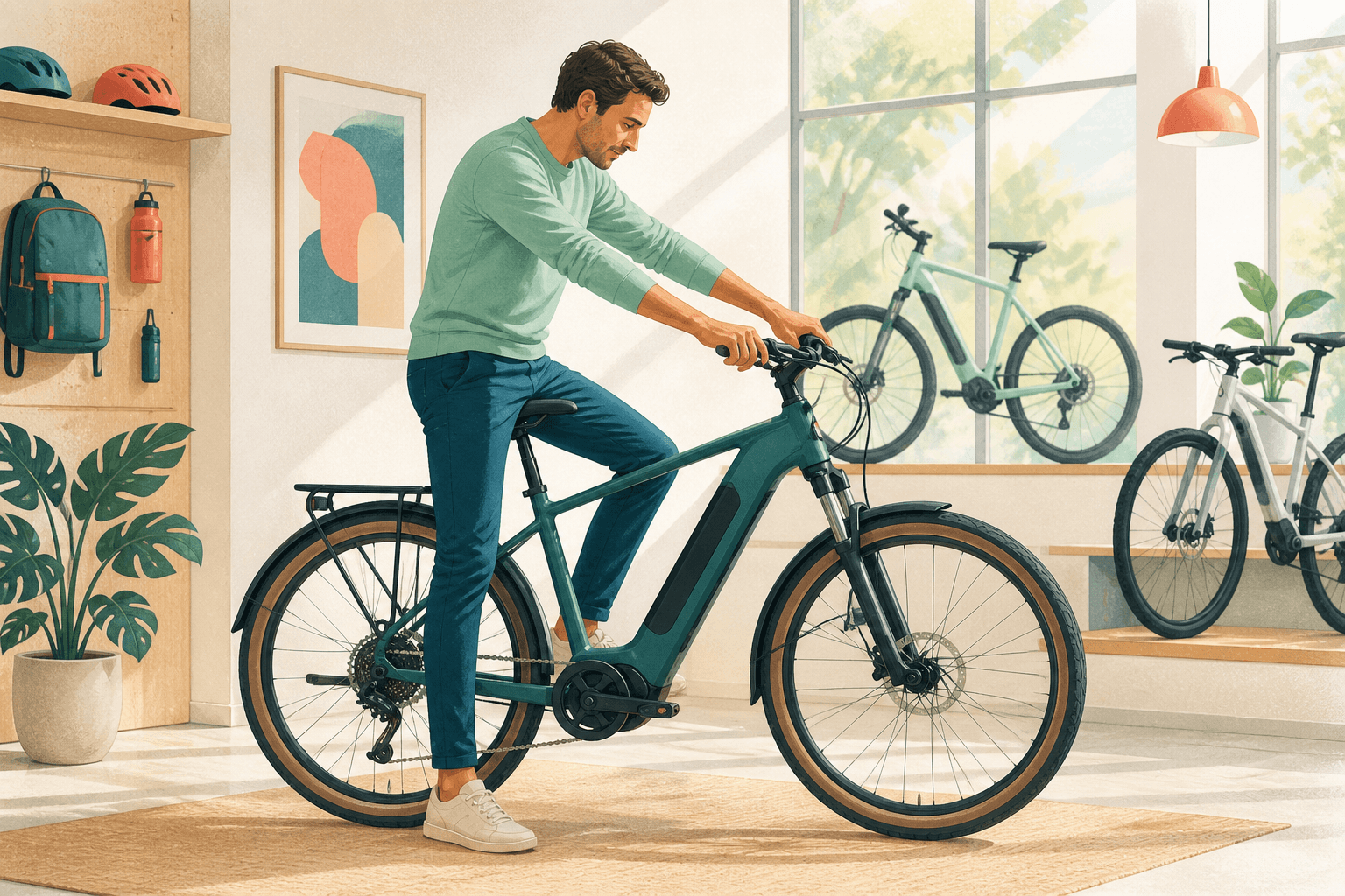 Pessoa testando altura do selim, alcance do guidão e freios de uma e-bike