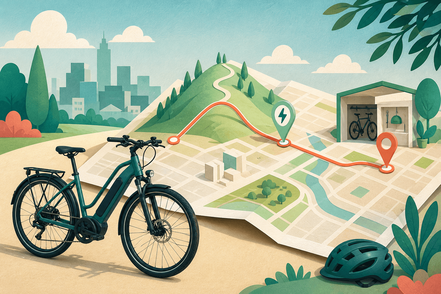 Mapa de trajeto urbano com subidas, ponto de recarga e bicicleta elétrica