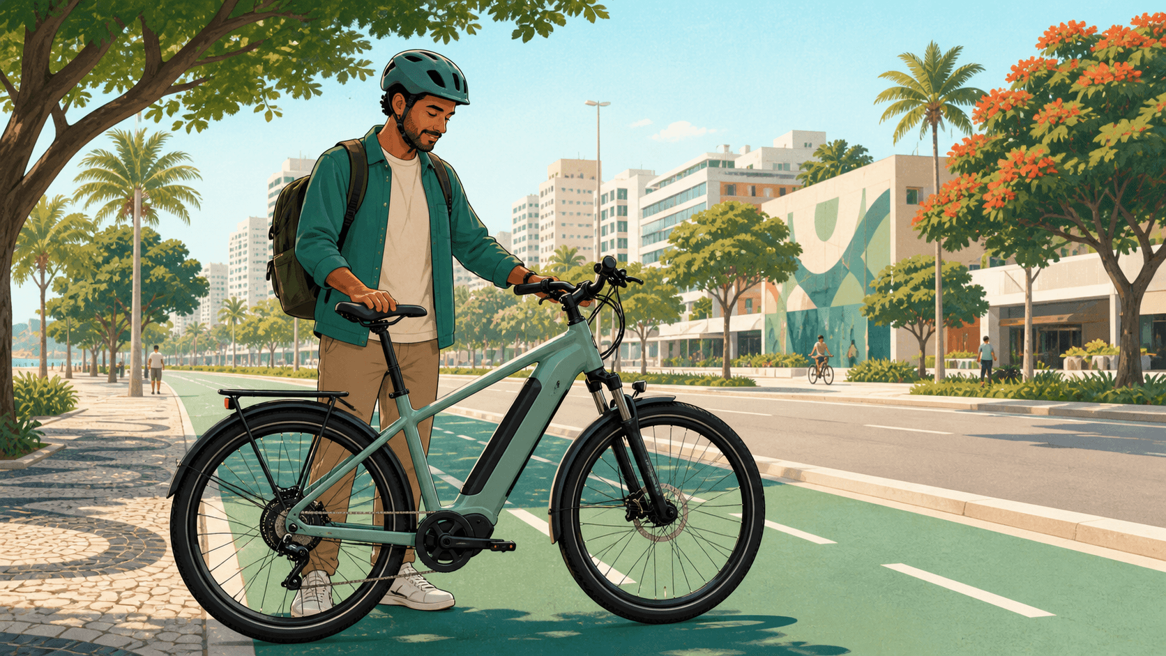 Ciclista urbano avaliando uma bicicleta elétrica clara e moderna