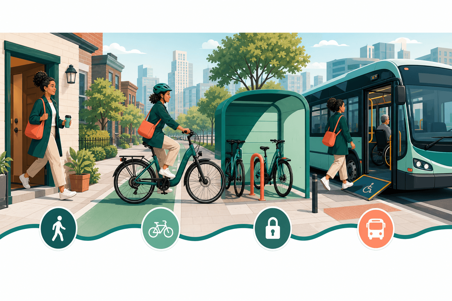 Rede de viagem integrada conectando caminhada, bicicleta elétrica e ônibus