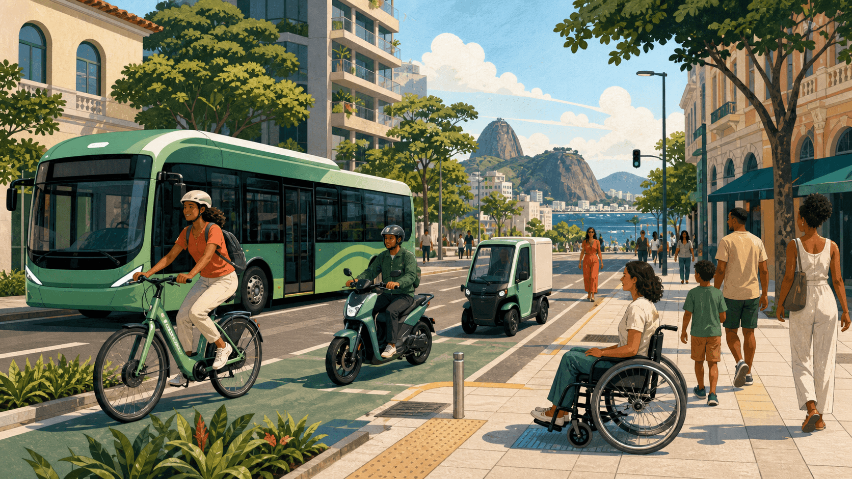 Cidade brasileira com ônibus, bicicleta, moto e veículos elétricos integrados