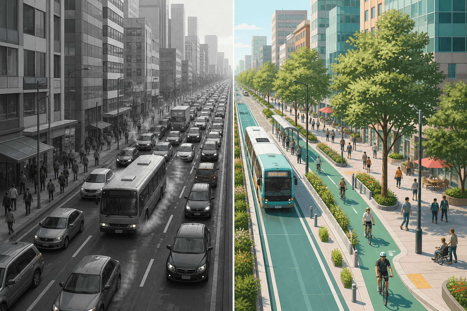 Antes e depois de um corredor urbano com ônibus elétrico e calçadas qualificadas
