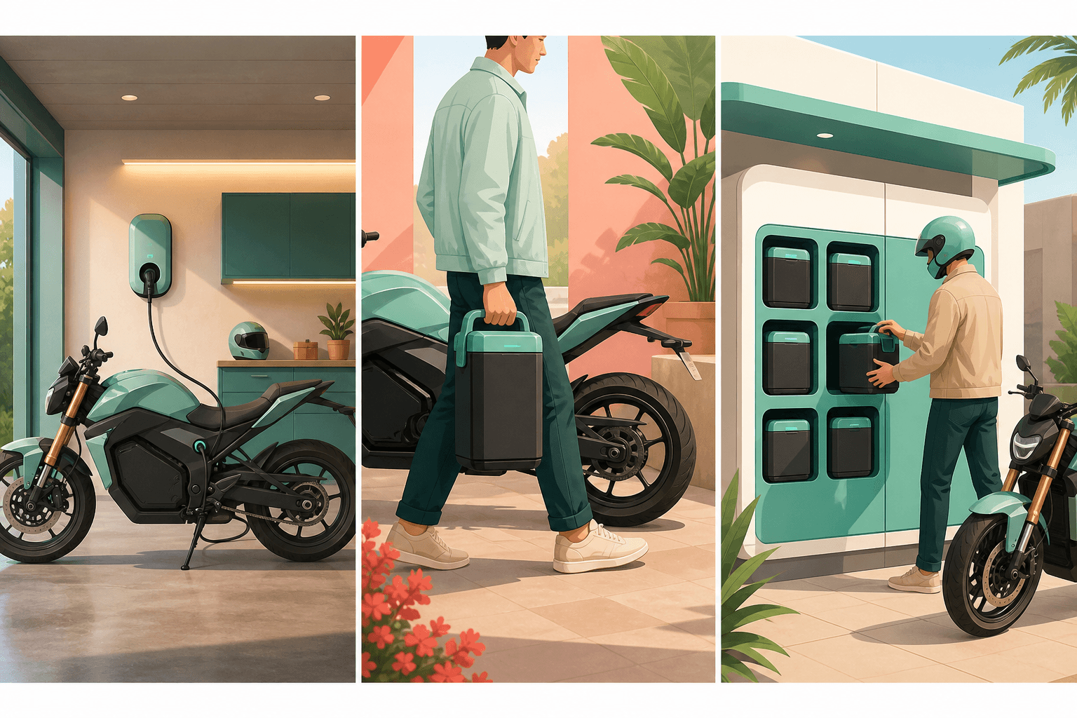 Três formas de recarga de moto elétrica: garagem, bateria removível e estação de troca
