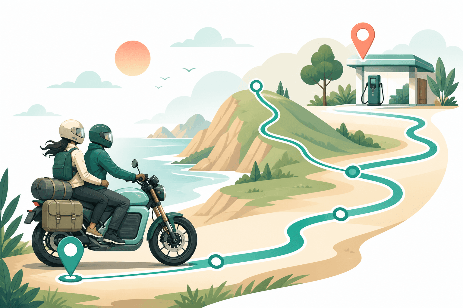 Rota diária de moto elétrica com distância, subida, garupa e recarga