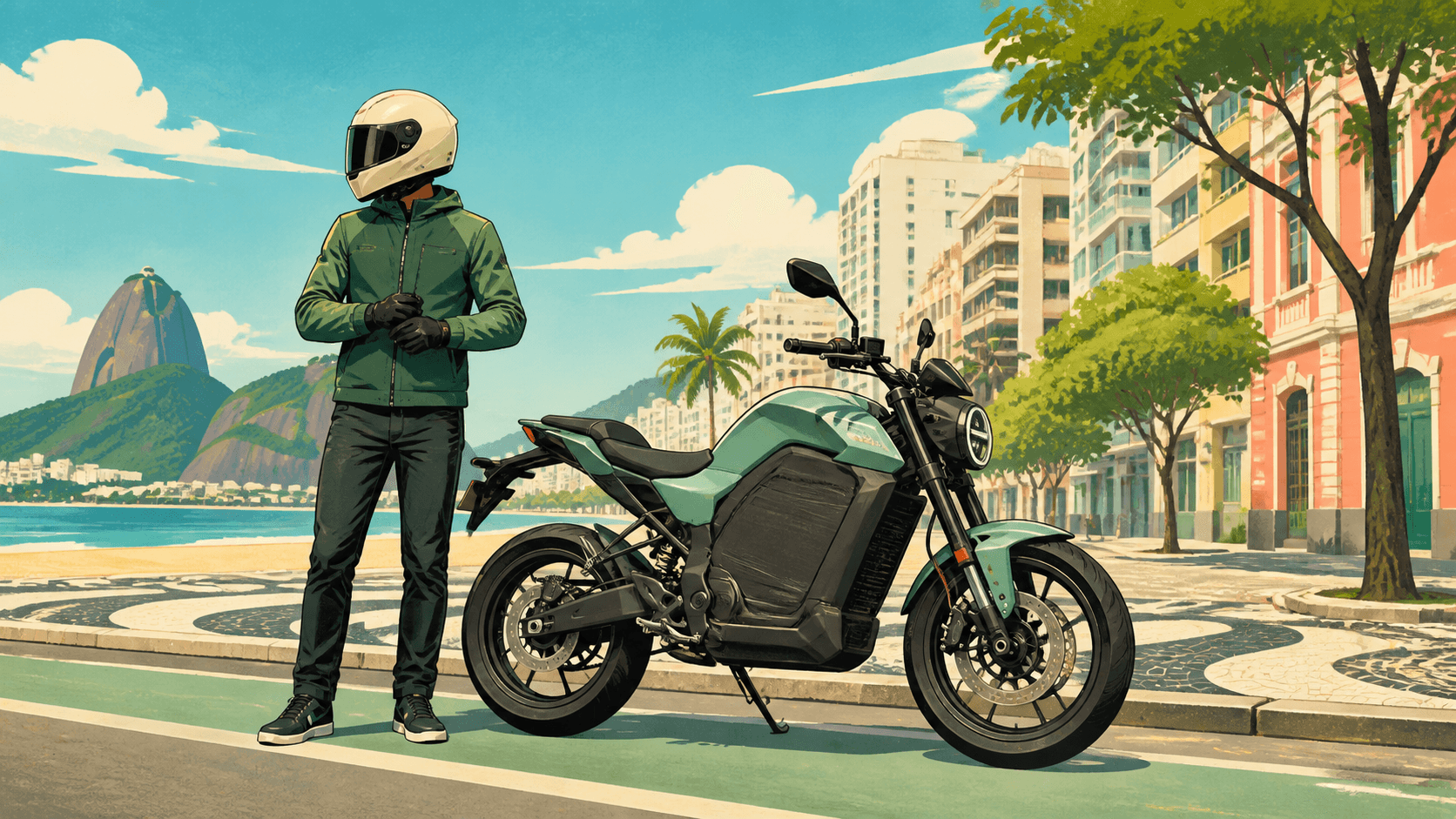 Motociclista ao lado de uma moto elétrica moderna em cidade brasileira