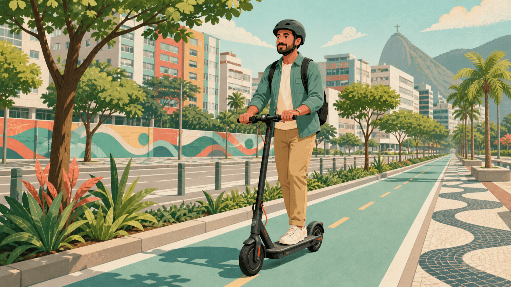 Pessoa usando patinete elétrico em trajeto urbano claro e seguro