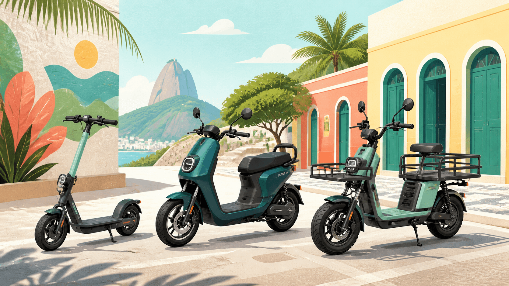 Diferentes formatos de scooter elétrica em cenário urbano brasileiro luminoso