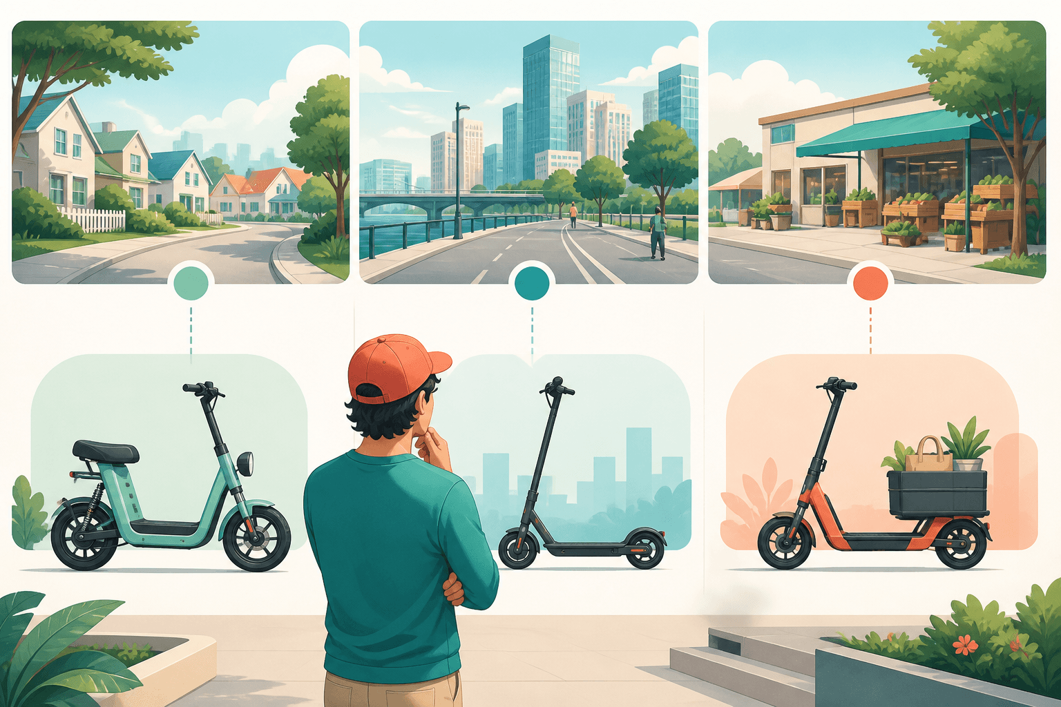 Pessoa comparando scooter compacta, urbana e utilitária por rota